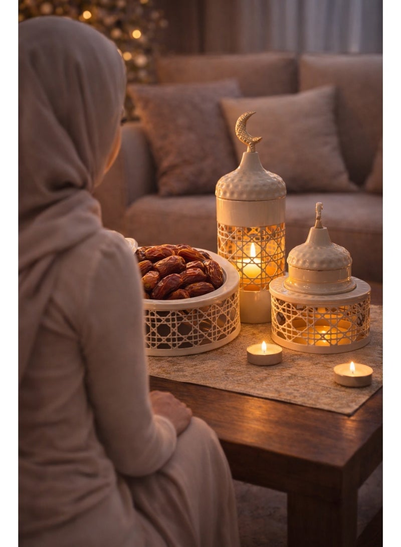 OLUDENIZ Metal 3-Piece Ramadan Decorative Set – Beige Matte Dome Containers and Mosque Lantern with Silver Crescent – Perfect for Dates, Nuts and Home Décor - Image 2